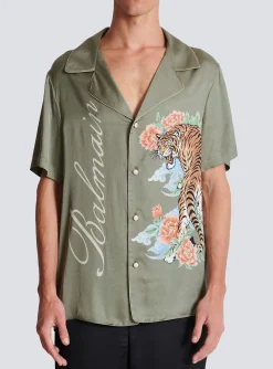 Balmain Short-sleeved Satin Shirt With Tiger Print