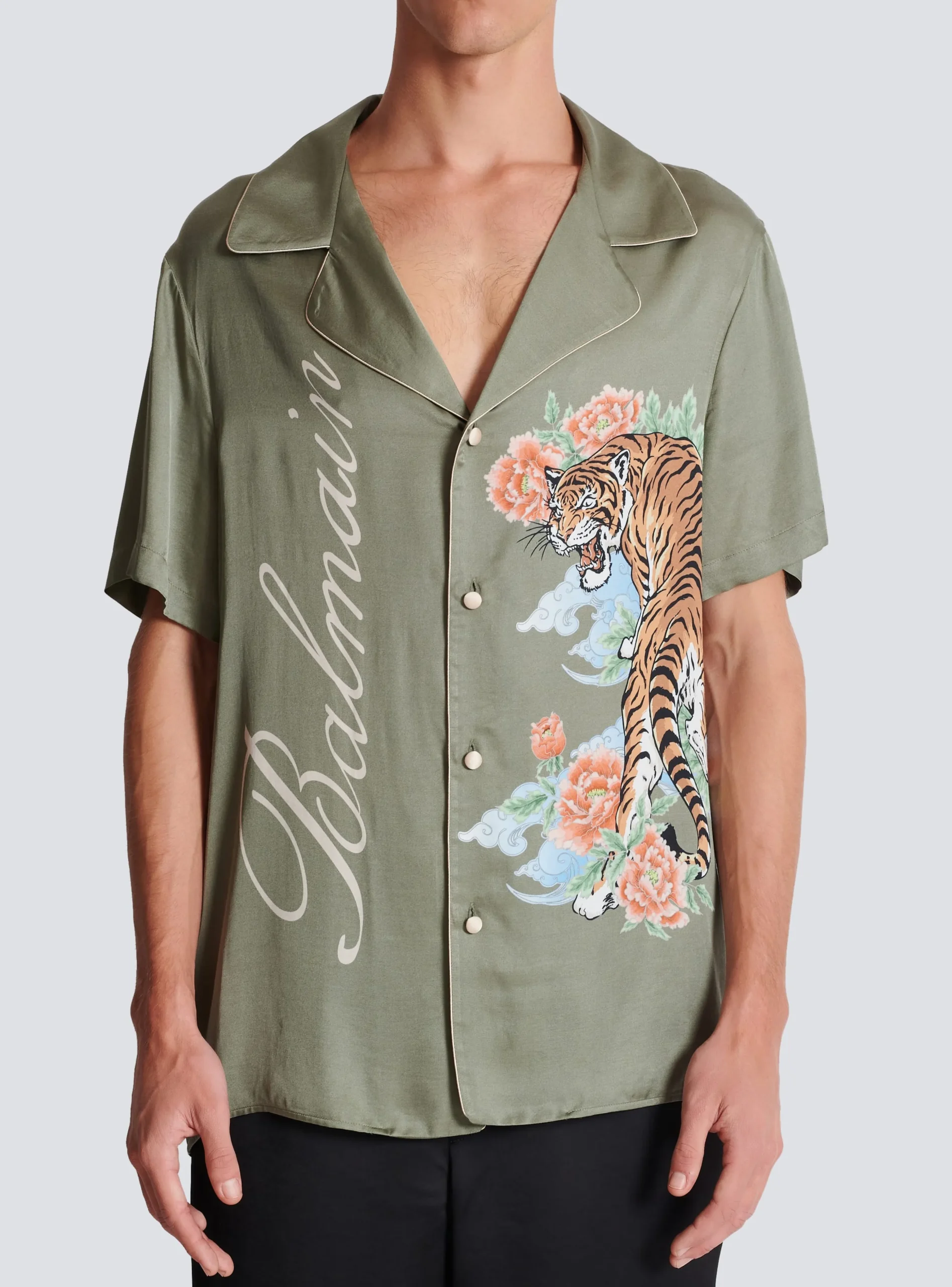 Balmain Short-sleeved Satin Shirt With Tiger Print