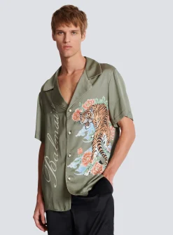 Balmain Short-sleeved Satin Shirt With Tiger Print