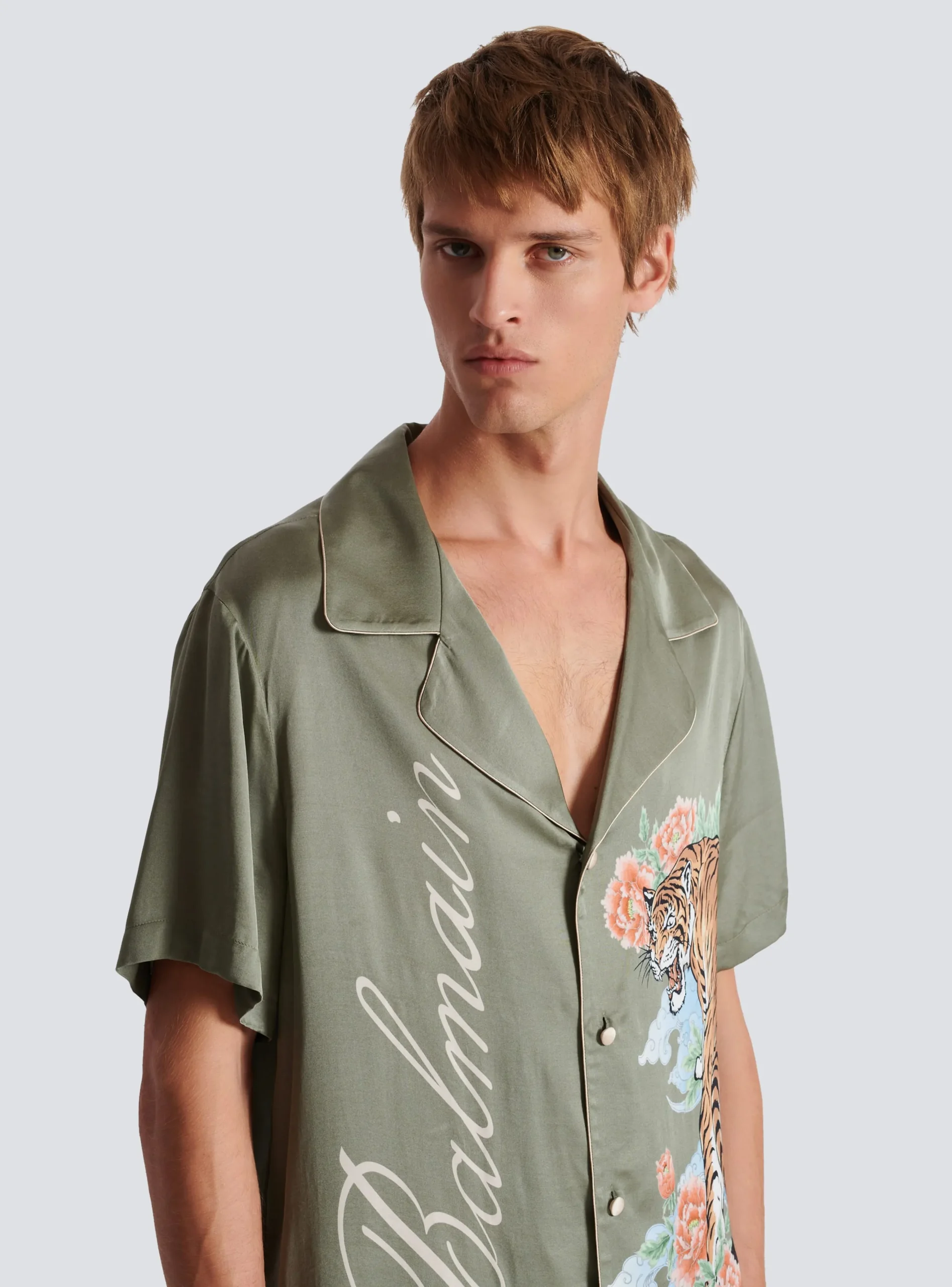 Balmain Short-sleeved Satin Shirt With Tiger Print