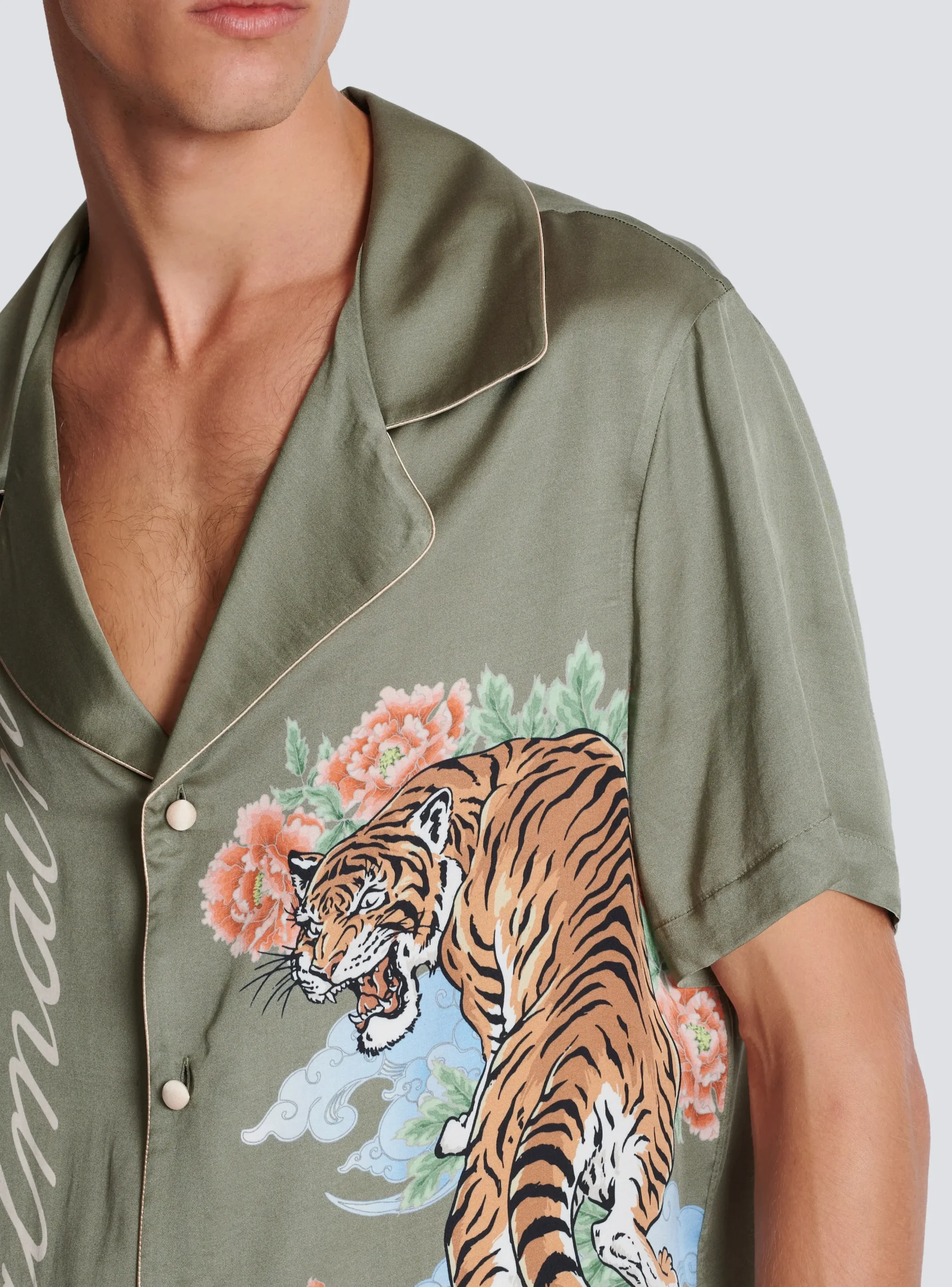 Balmain Short-sleeved Satin Shirt With Tiger Print