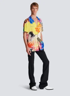 Balmain Short-sleeved Satin Shirt With Crane Print
