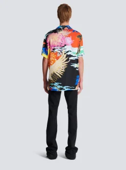 Balmain Short-sleeved Satin Shirt With Crane Print
