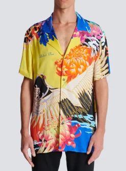 Balmain Short-sleeved Satin Shirt With Crane Print