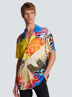 Balmain Short-sleeved Satin Shirt With Crane Print