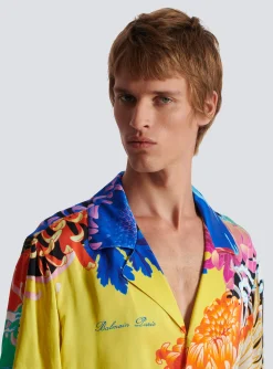 Balmain Short-sleeved Satin Shirt With Crane Print