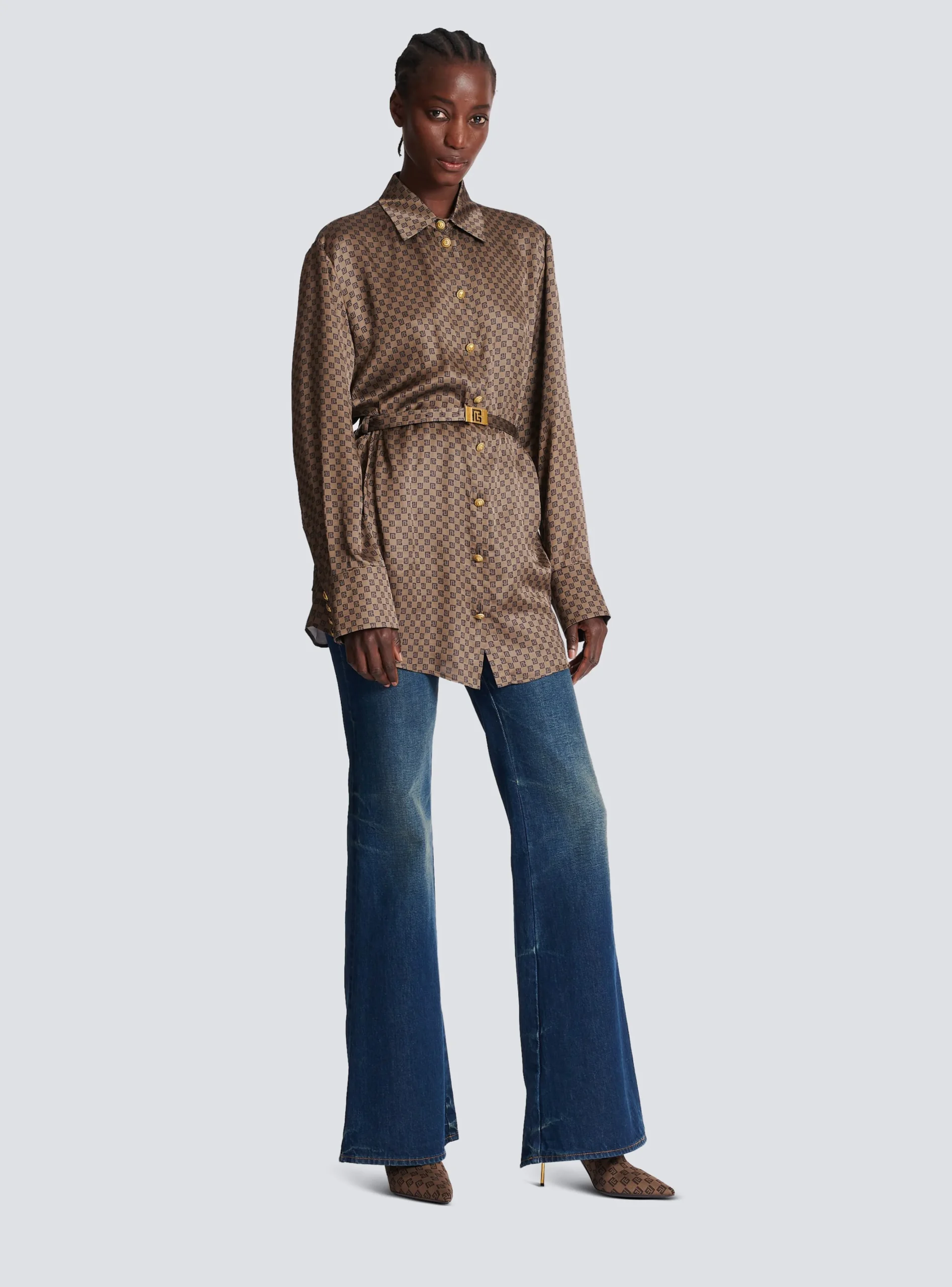 Women Balmain Silk Shirt With A Mini Monogram Print