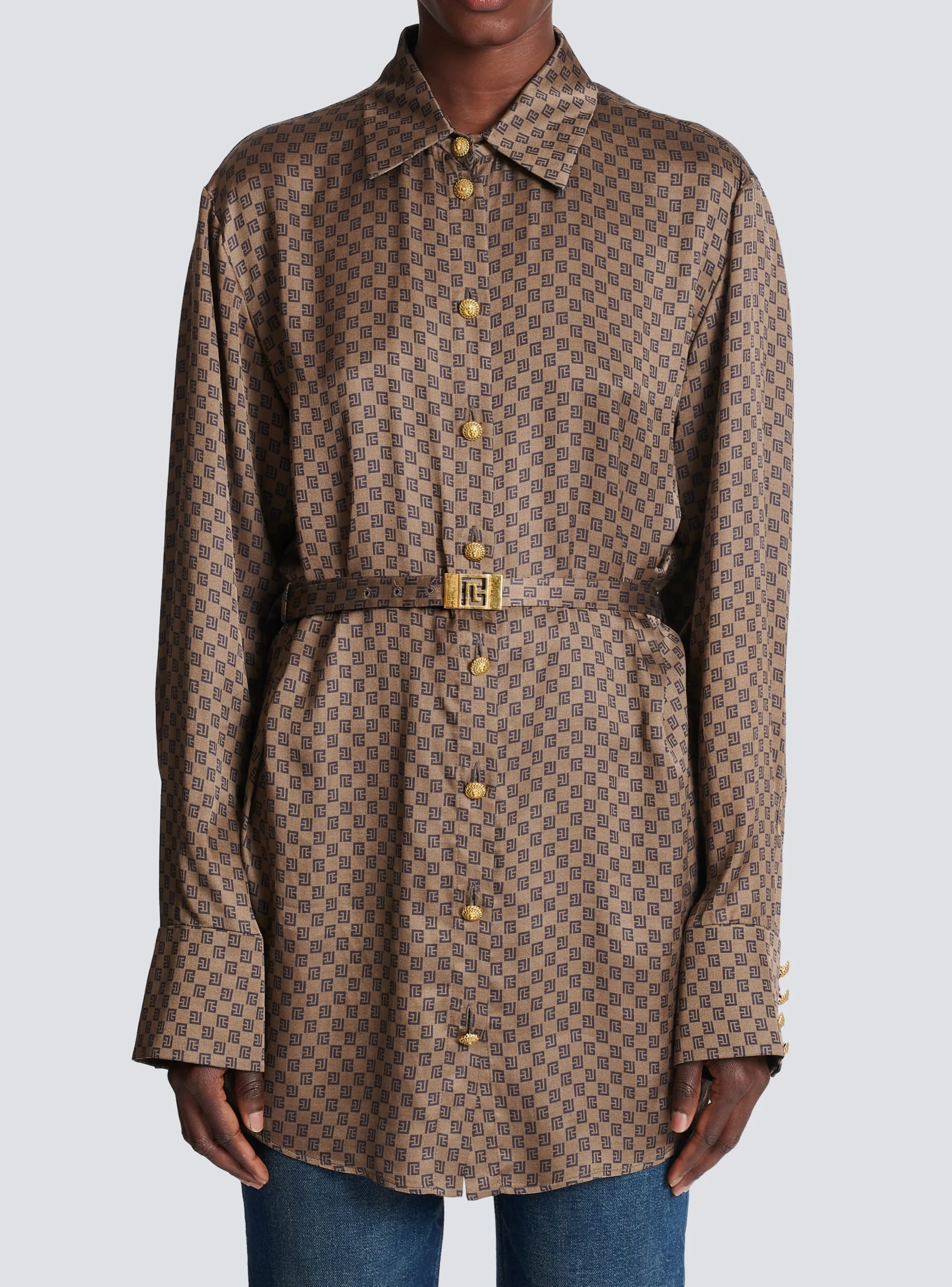 Women Balmain Silk Shirt With A Mini Monogram Print