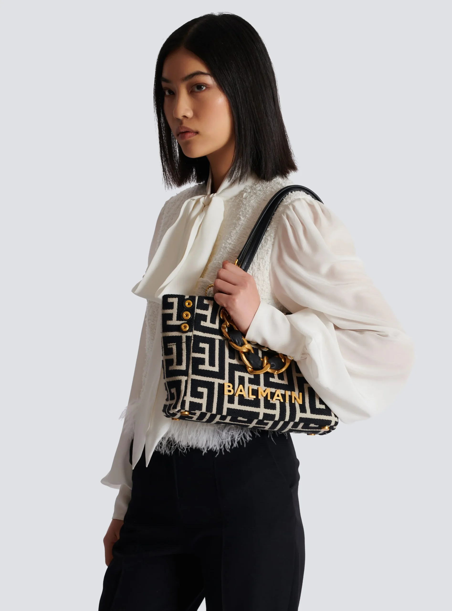 Balmain Small 1945 Soft Tote Bag Monogram Jacquard Fabric