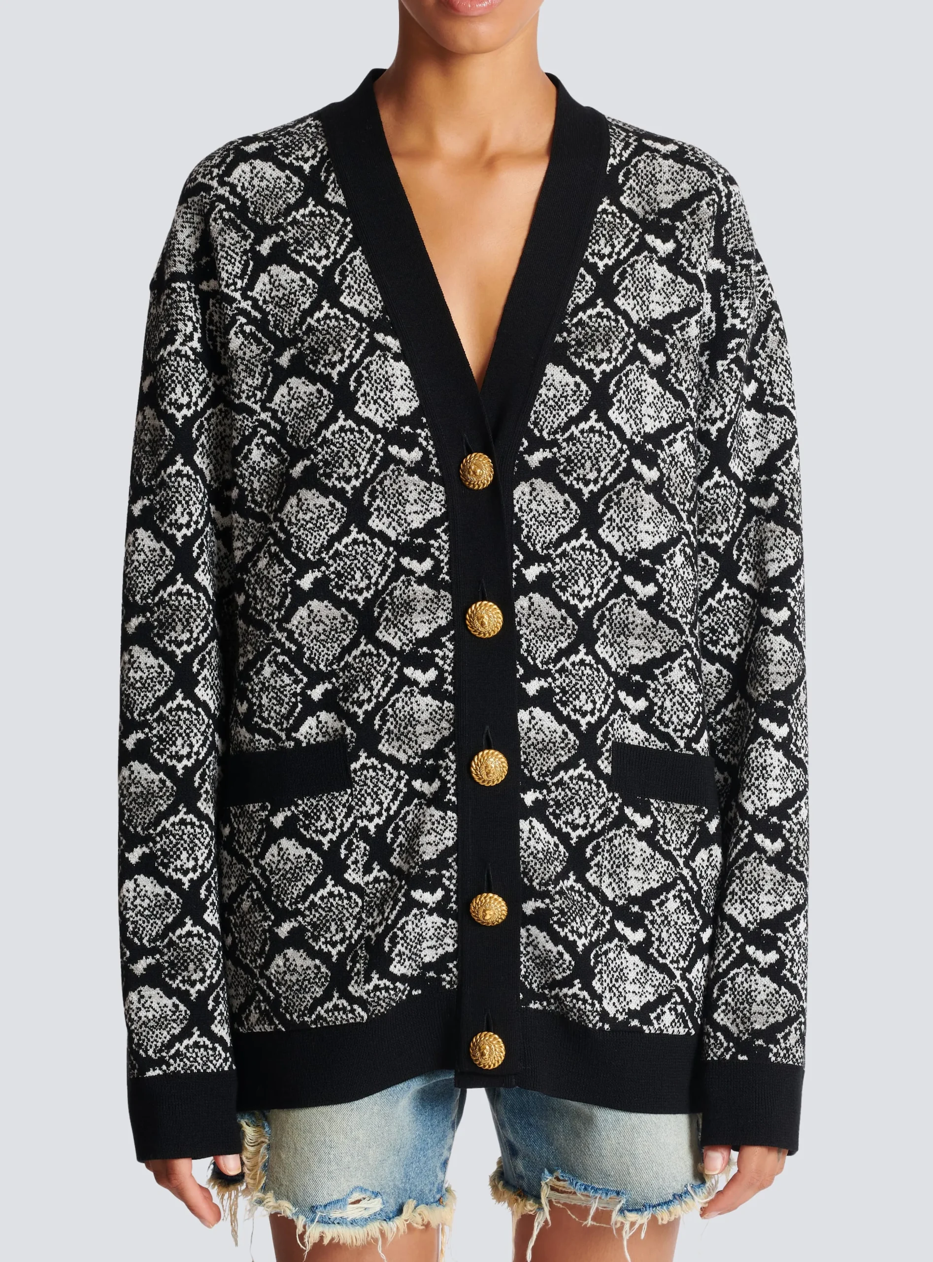Women Balmain Snakeskin Jacquard Knit Cardigan