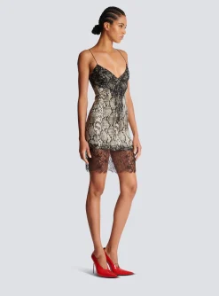 Women Balmain Snakeskin Silk And Lace Spaghetti Strap Dress