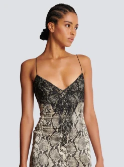 Women Balmain Snakeskin Silk And Lace Spaghetti Strap Dress