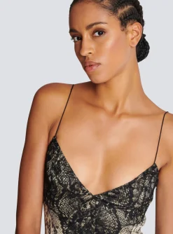 Women Balmain Snakeskin Silk And Lace Spaghetti Strap Dress