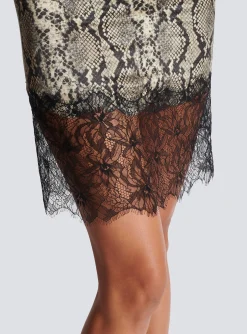 Women Balmain Snakeskin Silk And Lace Spaghetti Strap Dress