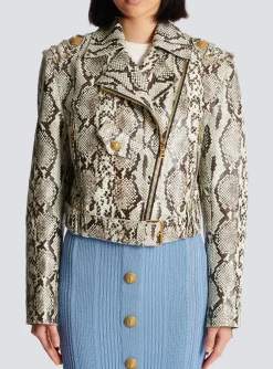 Women Balmain Snakeskin-effect Leather Biker Jacket