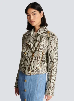 Women Balmain Snakeskin-effect Leather Biker Jacket
