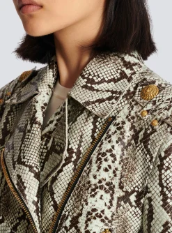 Women Balmain Snakeskin-effect Leather Biker Jacket
