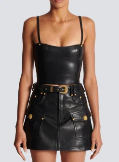 Women Balmain Spaghetti Strap Leather Top
