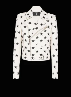 Balmain Stars Biker Jacket In Embroidered Leather