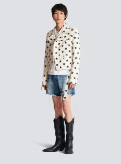 Balmain Stars Biker Jacket In Embroidered Leather