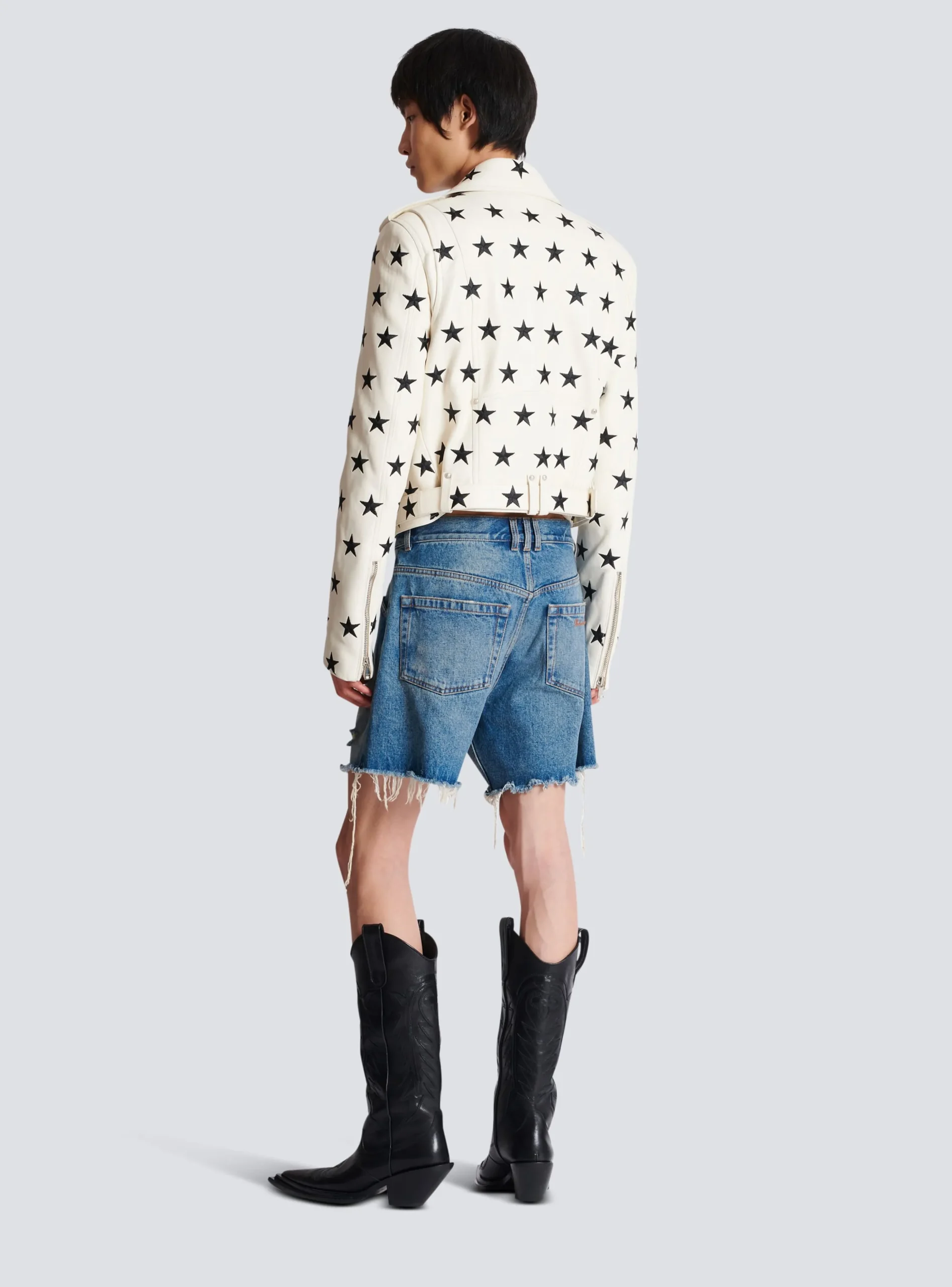 Balmain Stars Biker Jacket In Embroidered Leather