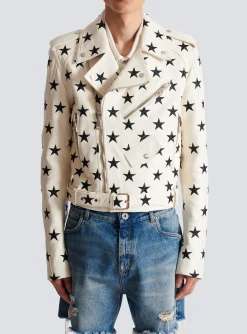 Balmain Stars Biker Jacket In Embroidered Leather