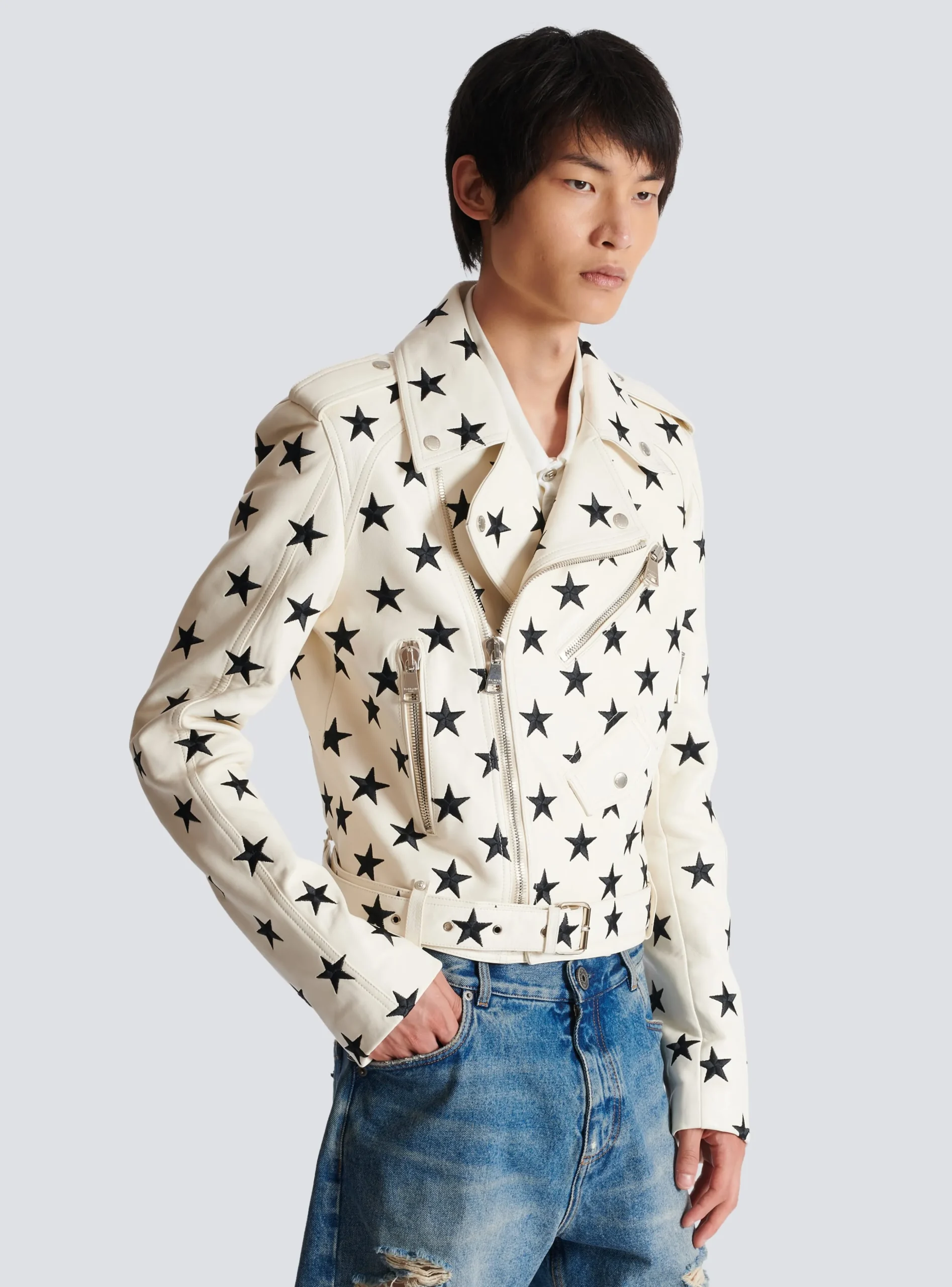 Balmain Stars Biker Jacket In Embroidered Leather