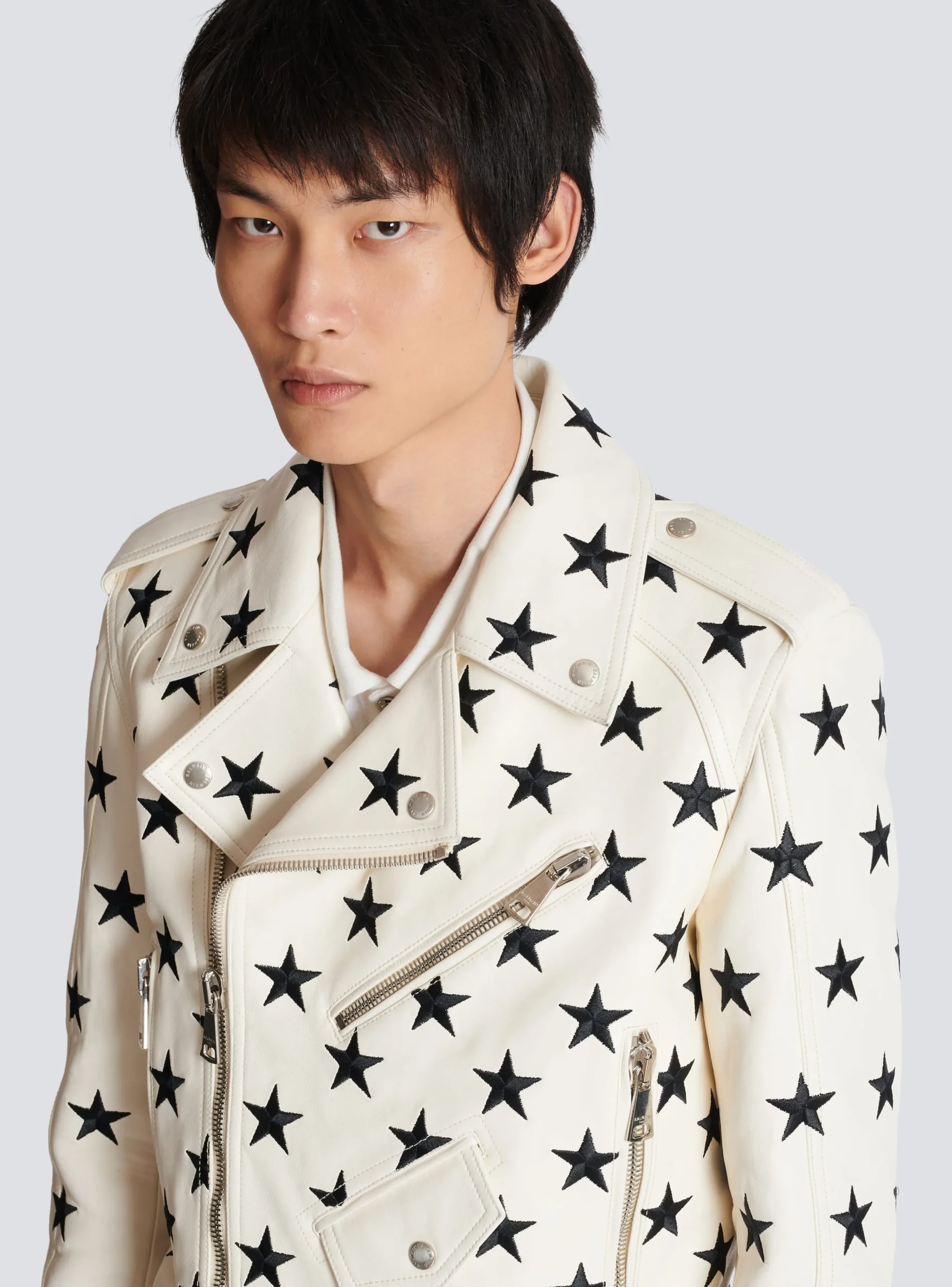 Balmain Stars Biker Jacket In Embroidered Leather