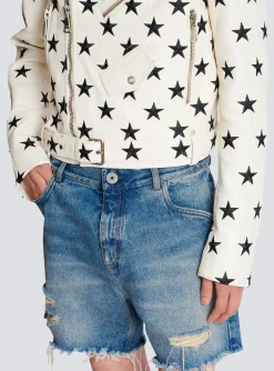 Balmain Stars Biker Jacket In Embroidered Leather