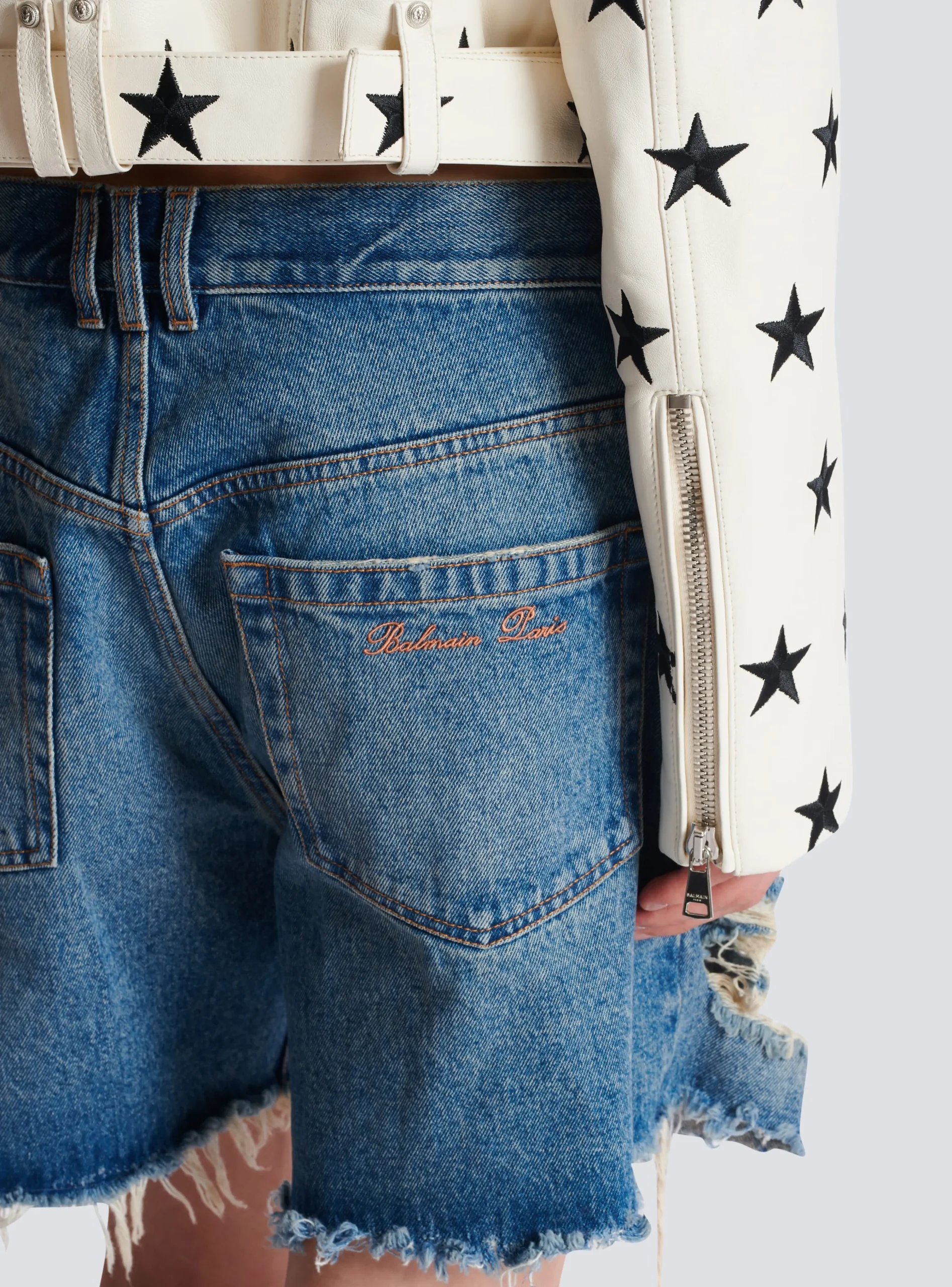 Balmain Stars Biker Jacket In Embroidered Leather