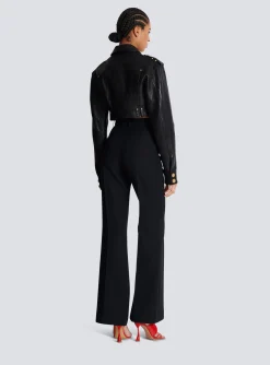 Women Balmain Topstitched Cropped Leather Jacket