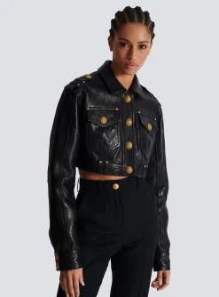 Women Balmain Topstitched Cropped Leather Jacket