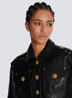 Women Balmain Topstitched Cropped Leather Jacket