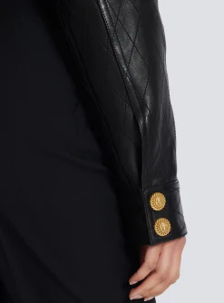 Women Balmain Topstitched Cropped Leather Jacket