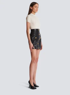 Women Balmain Topstitched Leather Skirt With Buttons