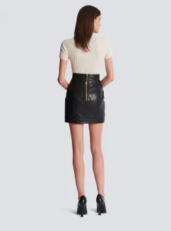 Women Balmain Topstitched Leather Skirt With Buttons