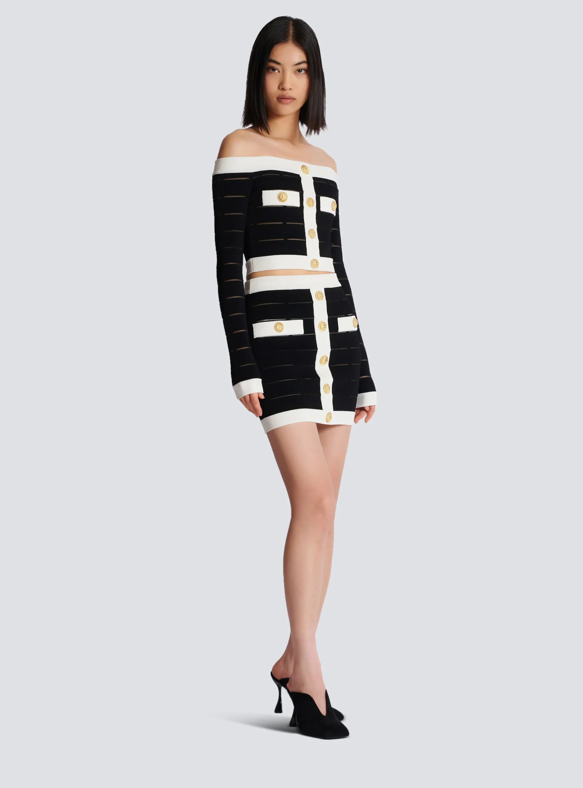 Women Balmain Two-tone Buttoned Knit Skirt