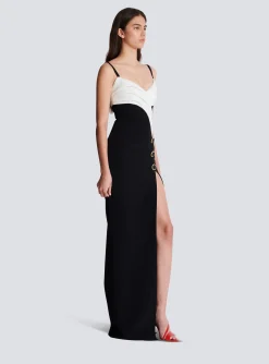 Women Balmain Two-tone Long Crepe Dress With Leg Slit