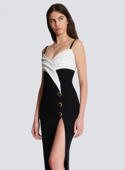 Women Balmain Two-tone Long Crepe Dress With Leg Slit