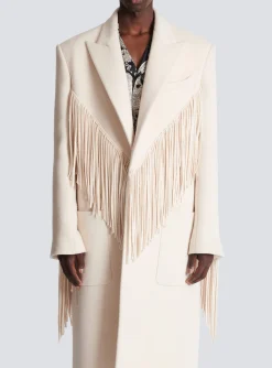 Balmain Unisex Long Fringed Wool And Cashmere Coat
