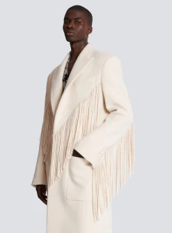 Balmain Unisex Long Fringed Wool And Cashmere Coat