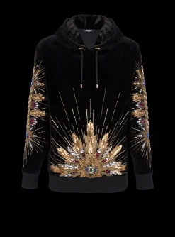 Balmain Velvet Hooded Sweatshirt With Embroidery