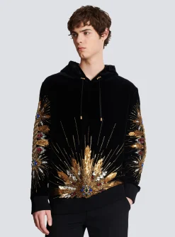 Balmain Velvet Hooded Sweatshirt With Embroidery