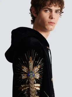 Balmain Velvet Hooded Sweatshirt With Embroidery