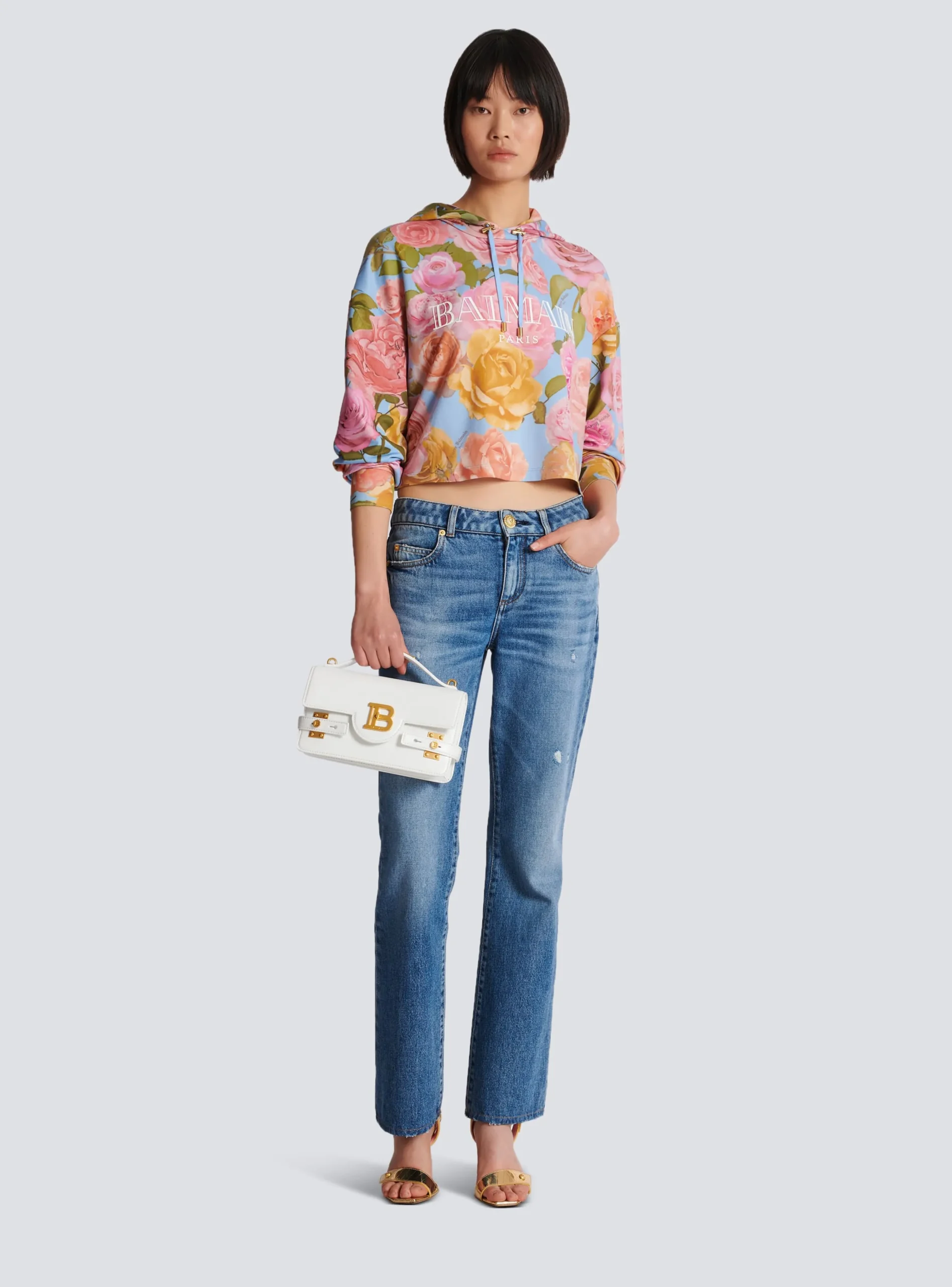 Women Balmain Vintage Hoodie With Pastel Roses Print