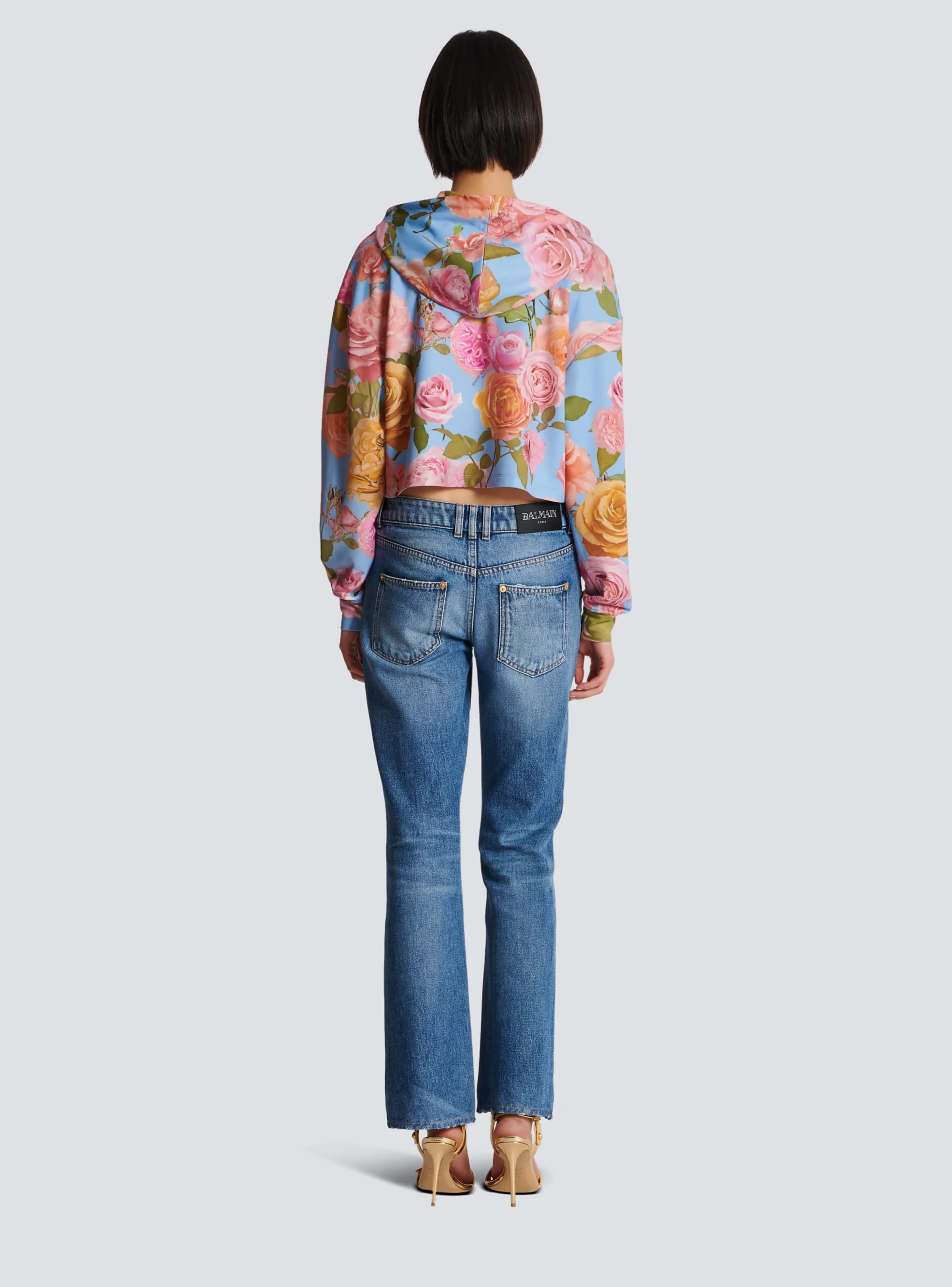 Women Balmain Vintage Hoodie With Pastel Roses Print