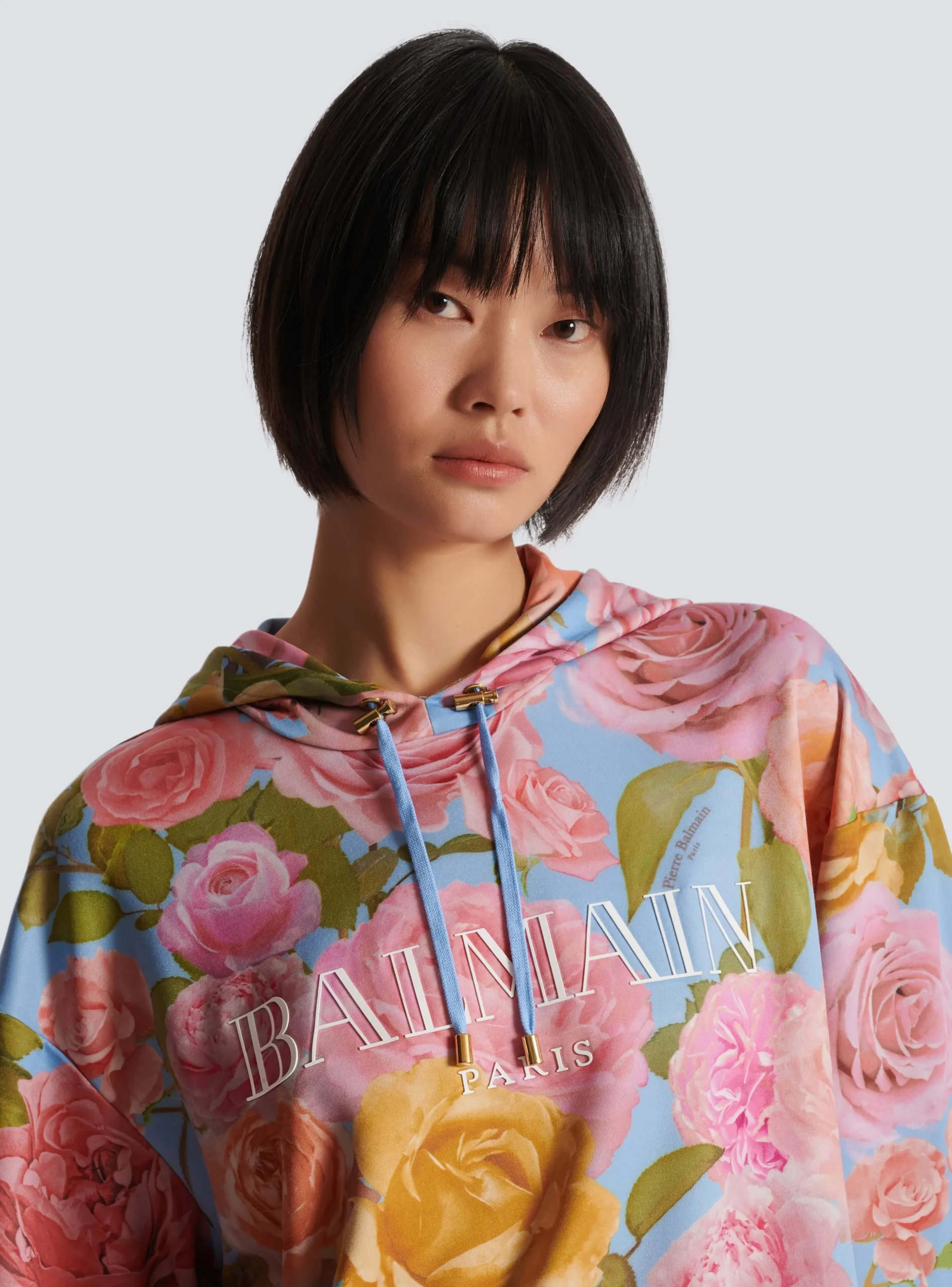 Women Balmain Vintage Hoodie With Pastel Roses Print