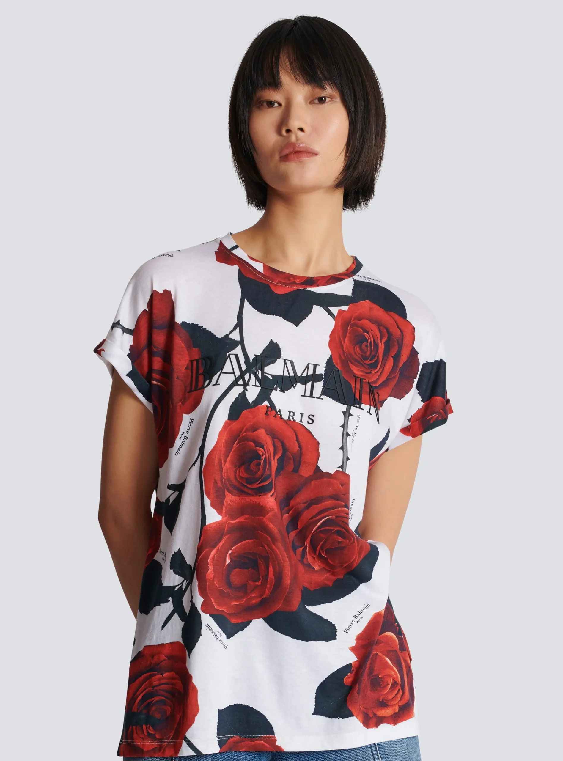Women Balmain Vintage T-shirt With Roses Print