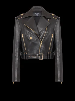 Women Balmain Zipped Leather Biker Jacket