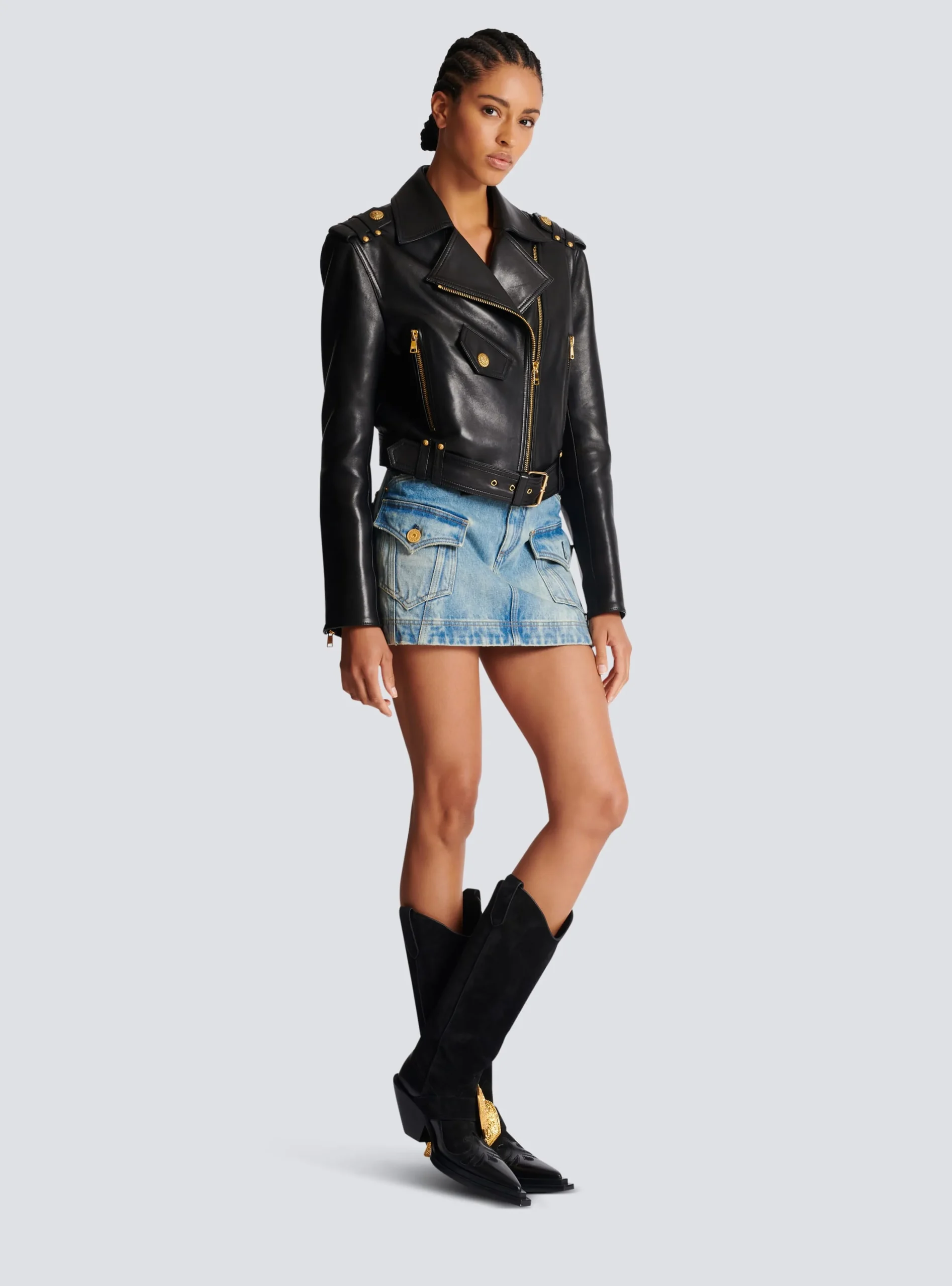 Women Balmain Zipped Leather Biker Jacket